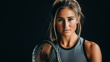 Indoor Tennis Portrait: Stunning Woman Playing Tennis Inside, Set Against A Black Background, Captured In A Beautiful Snapshot.