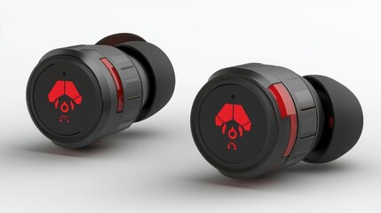 Futuristic wireless earbuds with a sleek black and red design. Perfect for immersive listening experiences while gaming or on the go.