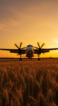 De Havilland Dash 8-400 Turboprop on Grass Runway at Sunset