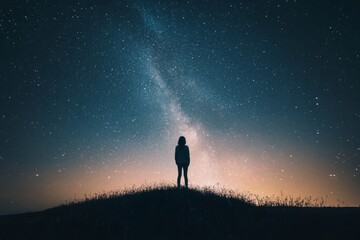Fototapeta premium distant man silhouette starry milky way sky in remote area - stargazing and traveling