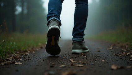 Closeup of a person walking on a misty trail surrounded by trees during early morning