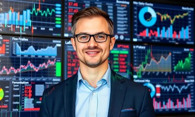 Confident Trader: Stock Market Professional in Front of Data Screens - Powered by Adobe