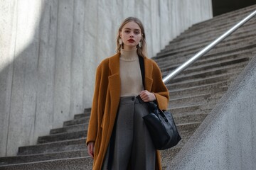 attractive woman in outfit smart casual, fashion editorial style in the city downtown