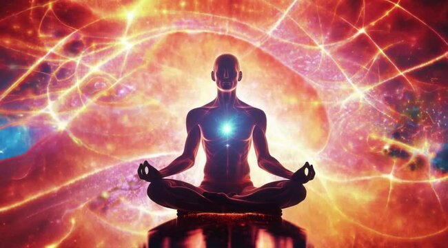 Man is sitting in a lotus position in a colorful background. The background is filled with stars and a glowing aura. The man is in a meditative state, and the overall mood of the image is peaceful