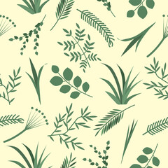 Seamless pattern of forest grasses on a sandy background.Vector pattern for textiles, paper, and backgrounds.
