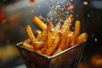 frytki, złocisty kolor, chrupiąca tekstura, koszyk stalowy, sól morska, świeże zioła, dynamiczna scena, kuchnia fast food, oświetlenie boczne, apetyczność.

