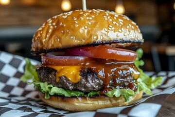 burger, ser topiący się, warzywa świeże, bułka sezamowa, dynamiczny kadr, kropla sosu, apetyczne detale, kuchnia fast food, jedzenie na wynos, bliskie ujęcie