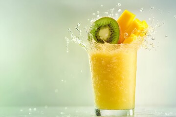 smoothie, tropikalne owoce, ananas, mango, kiwi, efekt rozbryzgu, dynamiczna kompozycja, napój zdrowy, lato, żywe kolory, orzeźwiające