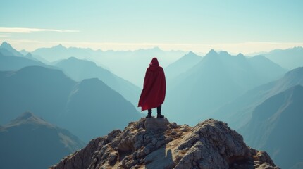 A person wearing a red cloak stands at the summit of a mountain, offering a sense of adventure and exploration