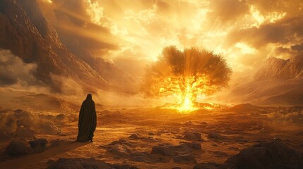 Dramatic biblical encounter  moses confronts the radiant burning bush in a golden desert landscape