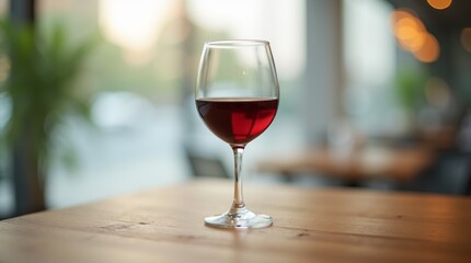 A single glass of wine sits atop a wooden table, awaiting someone to take a sip