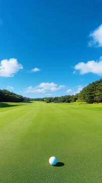 White golf ball lies on a perfectly mowed green fairway. Ready to be played. With trees and a vibrant blue sky with fluffy white clouds forming a picturesque backdrop for a relaxing day on the course