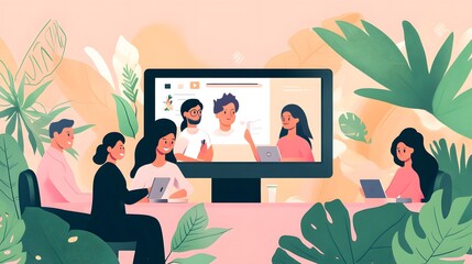 A team of diverse professionals participates in a vibrant online meeting, surrounded by lush tropical foliage. The scene is bright and cheerful, representing effective remote collaboration.