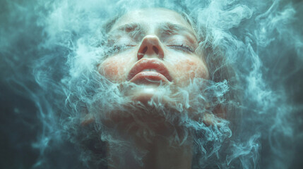 Fototapeta premium Surreal Portraits with Abstract Elements Like Smoke, Flowers, and Cosmic Visuals Emerging from Heads, Highlighting Creativity and Emotions in a Dreamlike Artistic Style