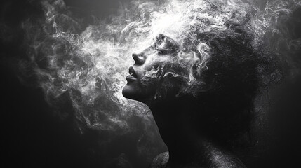 Obraz premium Surreal Portraits with Abstract Elements Like Smoke, Flowers, and Cosmic Visuals Emerging from Heads, Highlighting Creativity and Emotions in a Dreamlike Artistic Style