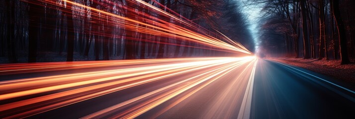 Vibrant light trails dance along a dark forest road at dusk. Generative AI