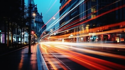 Fototapeta premium City lights create a vibrant rush during twilight hours in urban landscape. Generative AI