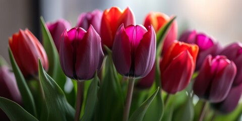 Naklejka premium A vibrant bouquet of tulips blooms in a sunny room. These colorful flowers add joy and beauty to any occasion. Perfect for decor or gift-giving. Bright and cheerful. AI