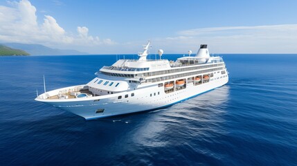 Majestic cruise ship gliding over calm azure waters under a clear blue sky. Generative AI