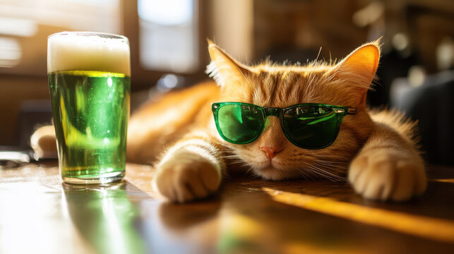 Ginger cat wearing sunglasses lying near glass of green beer. St. Patrick Day