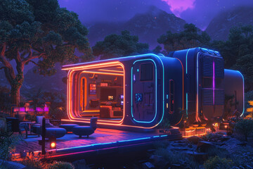 Futuristic neon home with glowing accents blending with a tranquil natural landscape