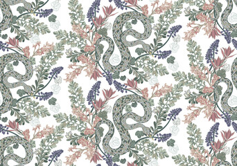 Заголовок	
A seamless pattern of colorful snakes intertwined with blooming flowers on a transparent background creates a vibrant and detailed visual effect.