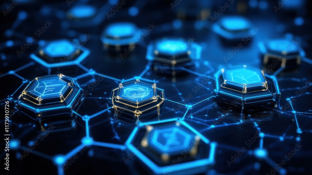 Poster hexagonal network with glowing nodes symbolizes interconnected digital systems. ideal for visualizin