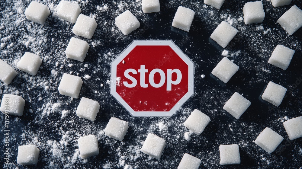 Poster sugar cubes are surrounding a red stop sign, lying on a dark surface covered with powdered sugar, re