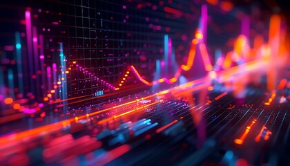 Wealth trend graph with bright hues and dynamic lines, illustrating financial growth, side view.