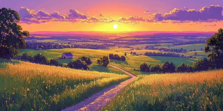  Serene Sunset Over Rolling Fields with Vibrant Sky