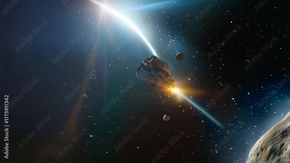 Poster Powerful laser beam vaporizing an asteroid in deep space near a distant planet, generating a brilliant flash of light and scattering smaller debris across the cosmos