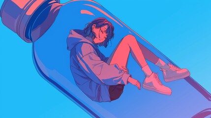  Young female character trapped inside an alcohol bottle symbolizing addiction, health problems, and struggles with substance abuse, concept of mental health and recovery.