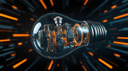 Glowing Light Bulb With Complex Mechanical Gears Inside, Industrial Innovation And Technology Concept Art On Dark Background