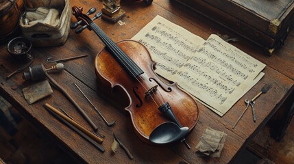 Fototapeta premium Violin rests on a wooden table surrounded by musical tools and sheet music.