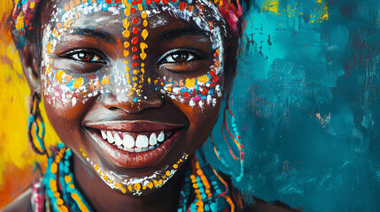 Fototapeta premium Vibrant Portraits of Smiling Individuals with Traditional Face Paint and Colorful Bead Necklaces Against a Bright Yellow Background, Celebrating Cultural Identity and Joy