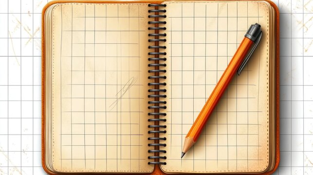 A vintage graph paper notebook with an orange mechanical pencil. Ideal for note-taking apps or educational platforms.