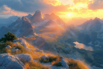 Photo réaliste d’un lever de soleil depuis un sommet montagneux, éclairant les cimes et projetant de longues ombres