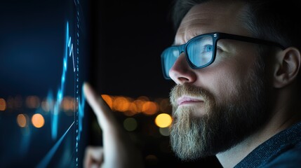 Bearded man wearing glasses analyzing financial data on a digital screen in a dark setting. Close-up photography with focus on technology and data analysis