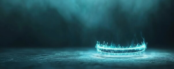 Futuristic glowing holographic ring emitting light on a dark textured surface.