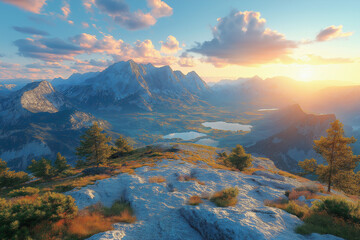 Obraz premium Photo réaliste d’un lever de soleil depuis un sommet montagneux, éclairant les cimes et projetant de longues ombres