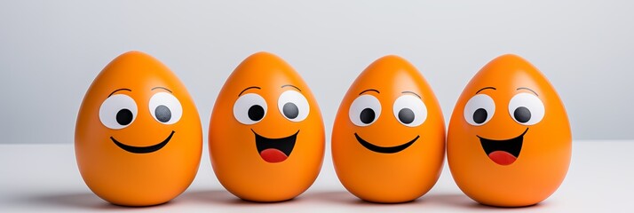 Obraz premium Four cheerful orange eggs with expressive faces smiling together. Generative AI