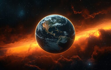 Obraz premium Earth Planet Illustration from Orbit Hyper Realistic Sunset Lighting 3D Digital Space Art