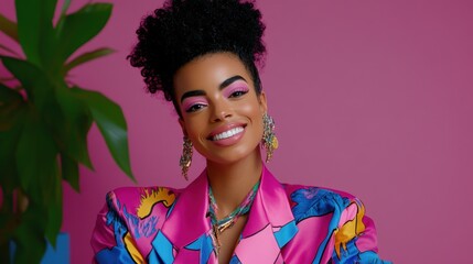 Smiling woman wearing colorful patterned blazer and statement earrings posing against a pink...