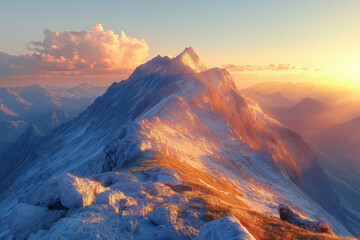 Naklejka premium Photo réaliste d’un lever de soleil depuis un sommet montagneux, éclairant les cimes et projetant de longues ombres