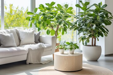 Bright and inviting living room with greenery and natural light. Generative AI