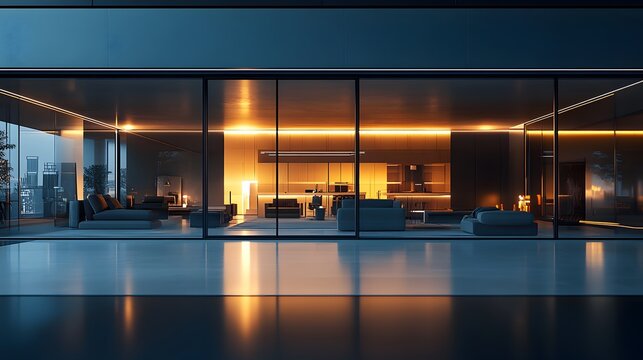 Futuristic virtual showroom with modern glass architecture and glowing panels exudes luxury and innovation, ideal for real estate ads or interior designs highlighting modernity and cutting-edge style.