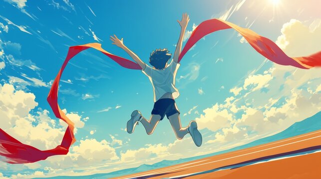 Animated character with joyful expression crossing the finish line, arms raised in victorious leap, embodying the ecstasy of success, achievement, celebration, sports victory 