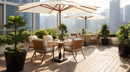 Obraz premium Elegant rooftop terrace with parasols overlooking a vibrant city skyline. Generative AI