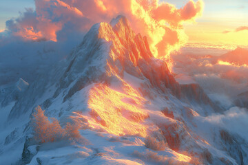 Photo r&eacute;aliste d&rsquo;un lever de soleil depuis un sommet montagneux, &eacute;clairant les cimes et projetant de longues ombres