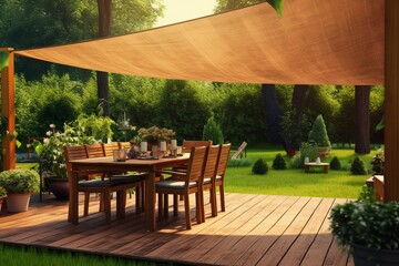 Obraz premium Enjoying a serene outdoor dinner under a sunshade in a lush garden. Generative AI